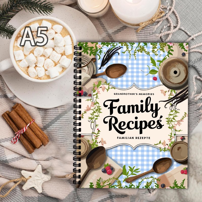 Home Cooking Cookbook - كتاب وصفات A5، تصميم شبكي أزرق،